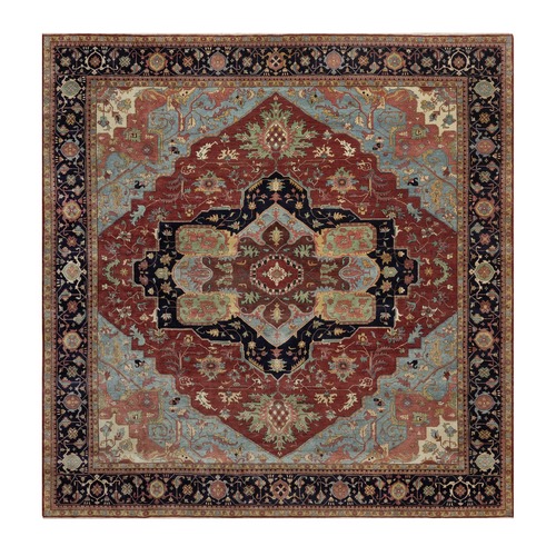 Barn Red, Hand Knotted, Hand Spun New Zealand Wool, Soft Pile, Vegetable Dyes, Antiqued Fine Heriz Re-Creation, Medallion Design, Square, Oriental 