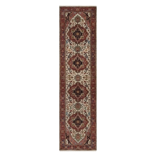 Chiffon White, Antiqued Fine Heriz Re-Creation, Medallions Design, Hand Spun New Zealand Wool, Soft Pile, Vegetable Dyes, Hand Knotted, Runner, Oriental 
