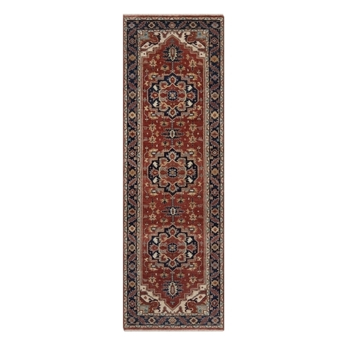 Brick Red, Hand Knotted, Antiqued Fine Heriz Re-Creation, Medallions Design, Hand Spun New Zealand Wool, Soft Pile, Vegetable Dyes, Runner, Oriental Rug 