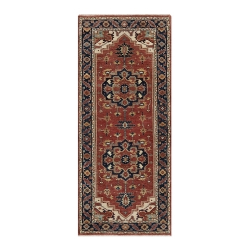 Berry Red, Antiqued Fine Heriz Re-Creation, Medallions Design, Hand Spun New Zealand Wool, Soft Pile, Vegetable Dyes, Hand Knotted, Runner, Oriental 