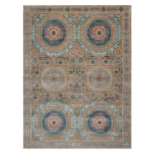 Wood Brown, Hand Knotted, Mamluk Design with Geometric Medallions, Textured Wool and Silk, Oriental Rug