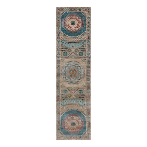 Khaki Brown, Mamluk Design with Geometric Medallions, Hand Knotted, Textured Wool and Silk, Runner, Oriental Rug