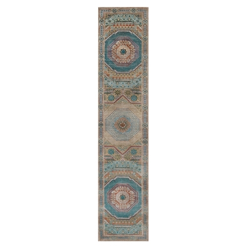 Almond Brown, Hand Knotted, Mamluk Design with Geometric Medallions, Textured Wool and Silk, Runner, Oriental Rug