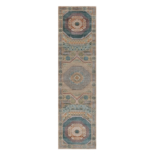 Khaki Brown, Hand Knotted, Mamluk Design with Geometric Medallions, Textured Wool and Silk, Runner, Oriental Rug