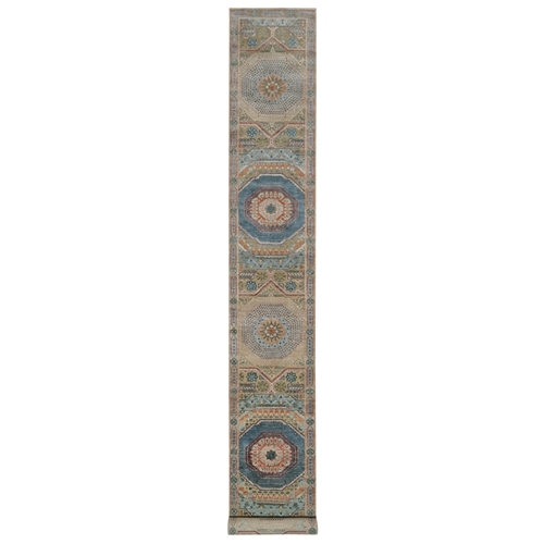Almond Brown, Mamluk Design with Geometric Medallions, Hand Knotted, Textured Wool and Silk, XL Runner, Oriental Rug