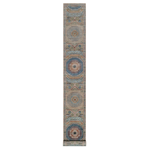 Lark Brown, Hand Knotted, Mamluk Design with Geometric Medallions, Textured Wool and Silk, XL Runner, Oriental 