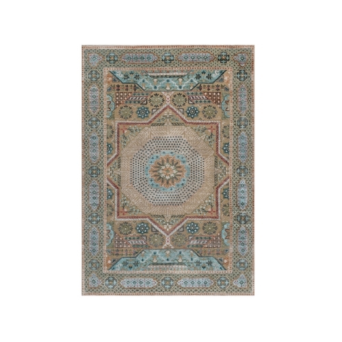 Khaki Brown, Mamluk Design with Star Medallion, Hand Knotted, Textured Wool and Silk, Oriental Rug