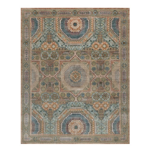 Wood Brown, Hand Knotted, Mamluk Design with Star Medallion, Textured Wool and Silk, Oriental 