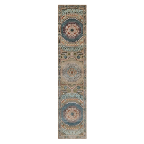 Khaki Brown, Mamluk Design with Geometric Medallions, Textured Wool and Silk, Hand Knotted, Runner, Oriental Rug