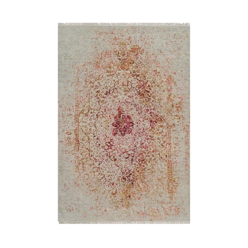 Bone White, Persian Erased Medallion Design, Hand Knotted, Wool and Pure Silk, Oriental 