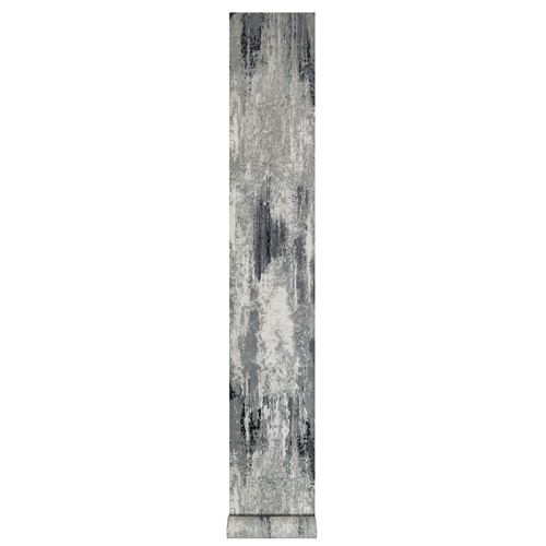 Black with Touches of Ivory, Abstract Design, Hand Knotted, Wool and Silk, Oriental, XL Runner, Rug