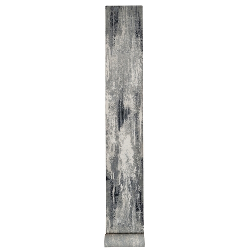 Black with Touches of Ivory, Abstract Design, Hand Knotted, Wool and Silk, Oriental, XL Runner, Rug