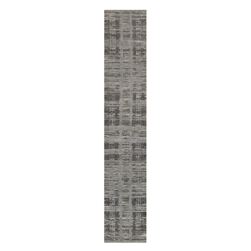 Shades of Gray, Modern Criss Cross Erased Design, Hand Spun Undyed Natural Wool, Hand Knotted, Runner, Oriental 