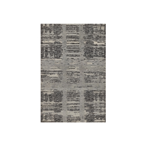 Shades of Gray, Modern Criss Cross Erased Design, Hand Knotted, Hand Spun Undyed Natural Wool, Mat, Sample, Oriental Rug