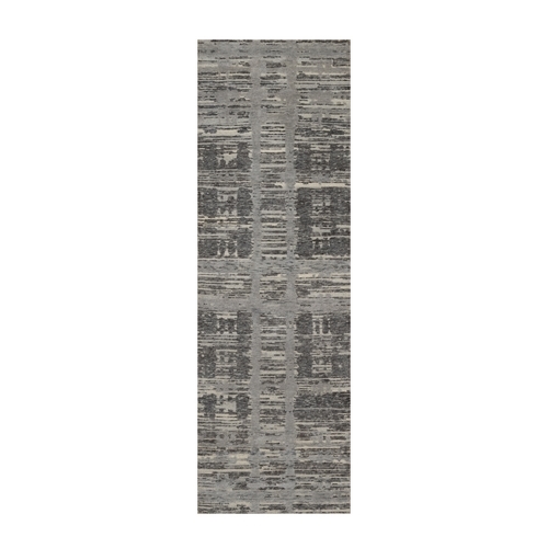 Shades of Gray, Hand Knotted, Modern Criss Cross Erased Design, Hand Spun Undyed Natural Wool, Runner, Oriental 