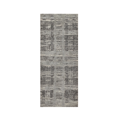 Shades of Gray, Modern Criss Cross Erased Design, Hand Spun Undyed Natural Wool, Hand Knotted, Runner, Oriental Rug