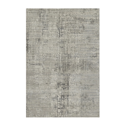 Light Gray, Modern Erased Design, Hand Spun Undyed Natural Wool, Hand Knotted, Oriental 