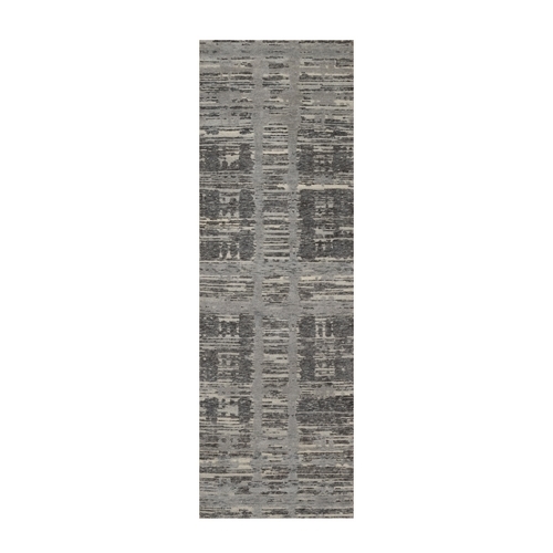 Shades of Gray, Modern Criss Cross Erased Design, Hand Knotted, Hand Spun Undyed Natural Wool, Runner, Oriental 