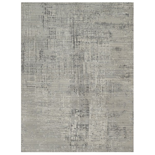 Light Gray, Hand Knotted, Modern Erased Design, Hand Spun Undyed Natural Wool, Oriental 