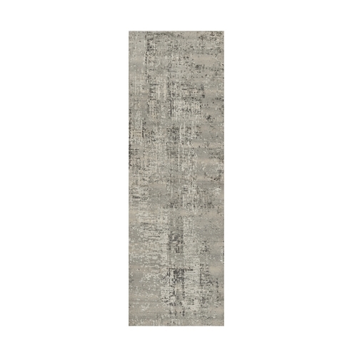 Light Gray, Modern Erased Design, Hand Knotted, Hand Spun Undyed Natural Wool, Runner, Oriental 