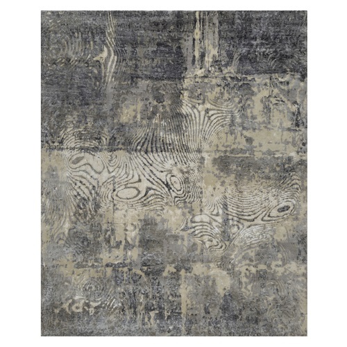 Oyster White with Gray, Tree Bark and Fossil Design, Hand Knotted, 100% Natural Undyed Wool, Oriental 
