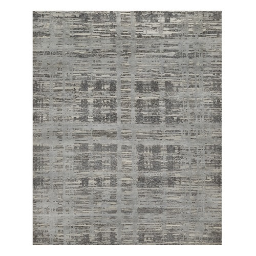 Shades of Gray, Modern Criss Cross Erased Design, Hand Knotted, Hand Spun Undyed Natural Wool, Oriental 