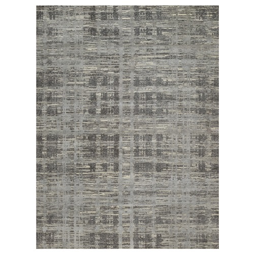 Shades of Gray, Modern Criss Cross Erased Design, Hand Spun Undyed Natural Wool, Hand Knotted, Oriental 