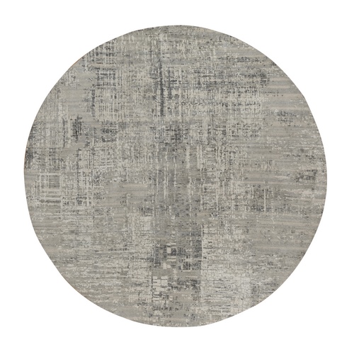 Light Gray, Modern Erased Design, Hand Knotted, Hand Spun Undyed Natural Wool, Round, Oriental 
