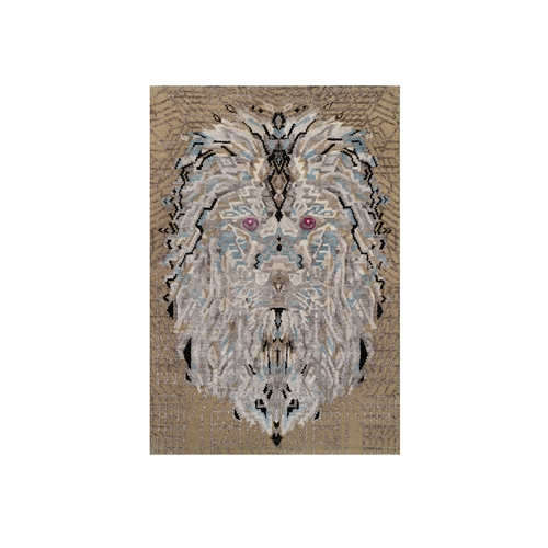 Almond Brown, Hand Knotted, The Maharaja Lion Novelty, Wool and Silk, Soft to the Touch, Sample, Mat, Oriental 