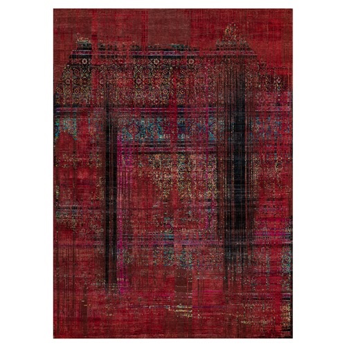 Cherry Red, Broken and Erased Persian Pattern, Sari Silk with Oxidized Wool, Hand Knotted, Oriental 