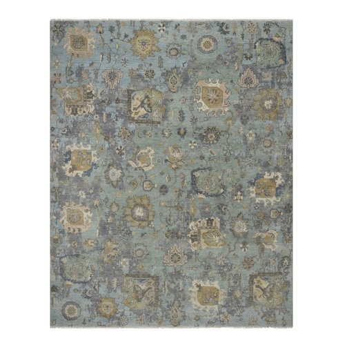 Frosty Green, 100% Wool, Oushak without a Border, All Over Leaf Pattern, Hand Knotted, Oriental 