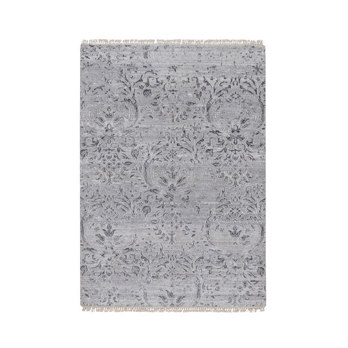 Cloud Gray, Damask Design, Hand Knotted, Wool and Plant Based Silk, Tone on Tone, Oriental 