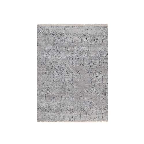 Cloud Gray, Tone on Tone, Damask Design, Hand Knotted, Wool and Plant Based Silk, Oriental 