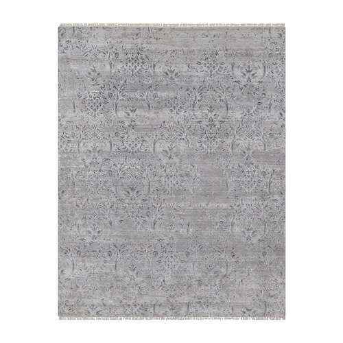 Cloud Gray, Hand Knotted, Damask Design, Tone on Tone, Wool and Plant Based Silk, Oriental 