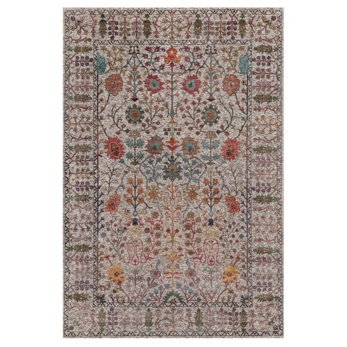 Snow White with Brown, Directional Vase Design, Silk with Textured Wool, Hand Knotted, Oriental 