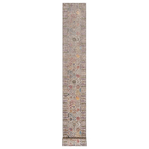 Alabaster White with Brown, Directional Vase Design, Hand Knotted, Silk with Textured Wool, XL Runner, Oriental 