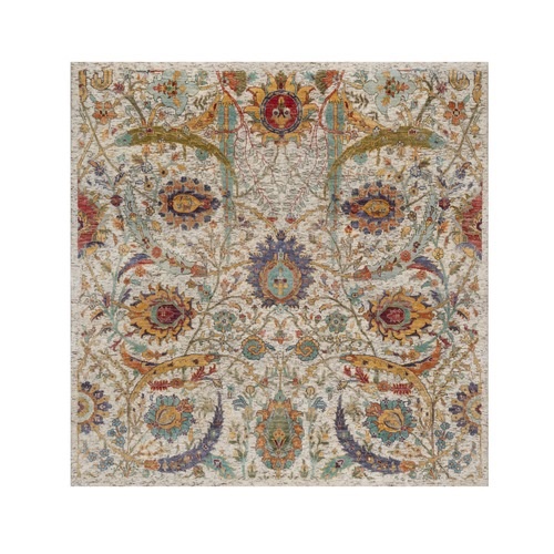 Ivory and Brown, Colorful Sickle Leaf Design, Hand Knotted, Silk with Textured Wool, Square, Oriental 