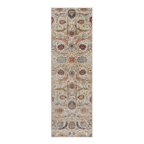 Ivory and Brown, Colorful Sickle Leaf Design, Hand Knotted, Silk with Textured Wool, Runner, Oriental 