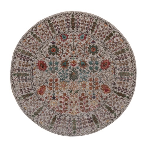 Snow White with Brown, Directional Vase Design, Hand Knotted, Silk with Textured Wool, Round, Oriental 