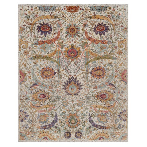 Ivory and Brown, Colorful Sickle Leaf Design, Hand Knotted, Silk with Textured Wool, Oriental 