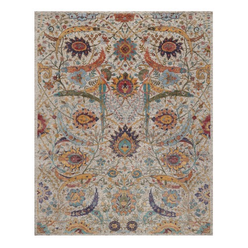 Ivory and Brown, Silk with Textured Wool, Colorful Sickle Leaf Design, Hand Knotted, Oriental 