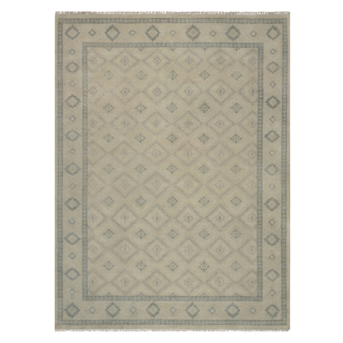 Bone White, Zero Pile, Box Design with Repetitive Triangle Tribal Motifs, Hand Knotted, 100% Wool, Oriental 