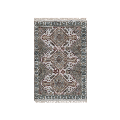 Whisper White, Unique Flower Rosettes Border Design, Shiraz Reimagined, Hand Knotted, Natural Wool, Thick and Plush, Mat, Sample, Oriental 