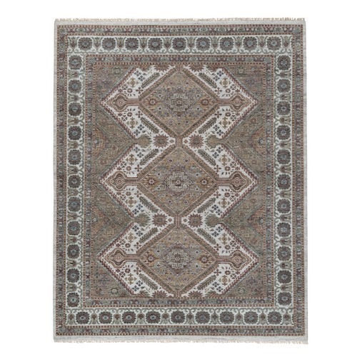 Whisper White, Unique Flower Rosettes Border Design, Shiraz Reimagined, Hand Knotted, Natural Wool, Thick and Plush, Oriental 