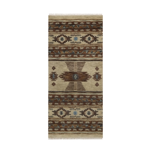 Bone White, Southwest American Indian Design with Piled Construction, Hand Knotted, 100% Wool, Plush and Lush, Runner, Oriental 