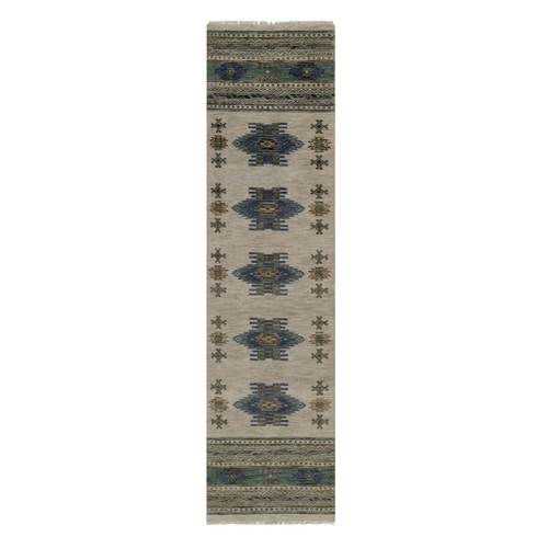 Beige, Southwestern American Indian Design with Piled Construction, Hand Knotted, Pure Wool, Plush and Lush, Runner, Oriental 