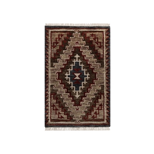 Chocolate Brown, Southwest American Indian Design with Piled Construction, Plush and Lush, Hand Knotted, Pure Wool, Mat, Sample, Oriental 