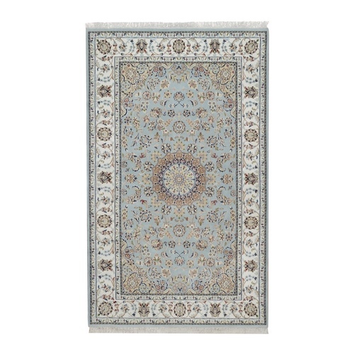 Light Blue, Wool and Silk, 250 KPSI, Nain with Flower Medallion Design, Hand Knotted, Soft Pile, Oriental 