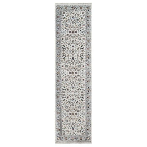 Snow White, 250 KPSI, Soft Pile, Nain with All Over Design, Wool and Silk, Hand Knotted, Runner, Oriental 