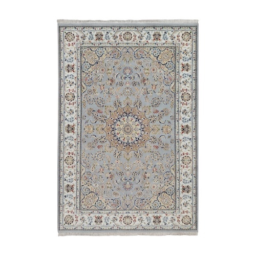 Stone Blue, 250 KPSI, Nain with Flower Medallion Design, Soft Pile, Wool & Silk, Hand Knotted, Oriental 